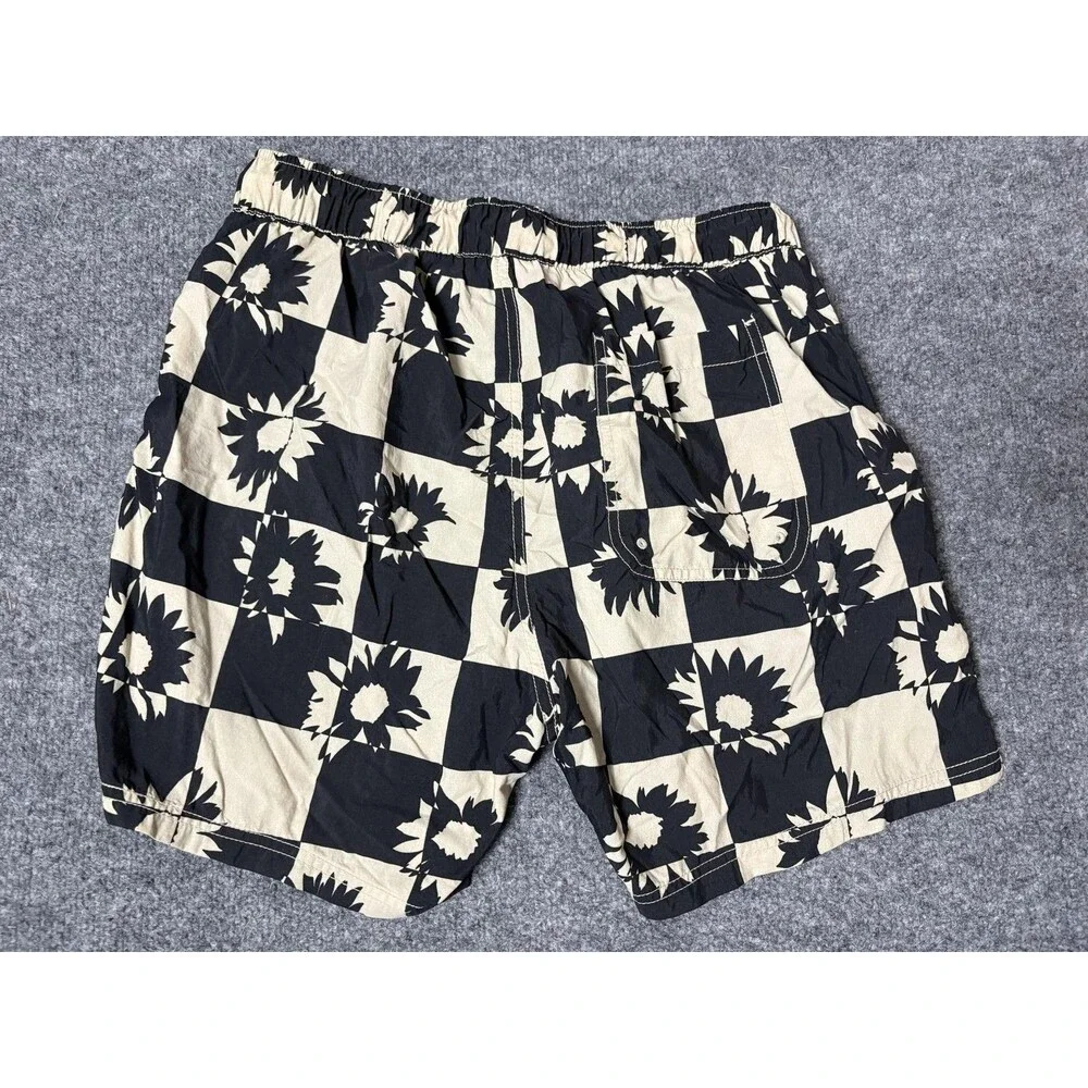 Urban Outfitters Swim Trunks Mens L Black Floral Check Elastic Waist Mesh Lined